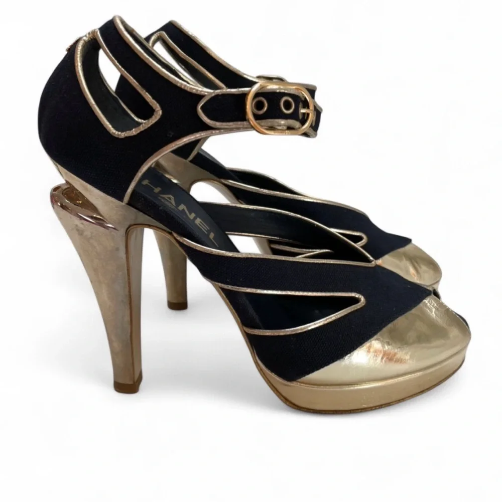 Chanel Gold Leather & Navy Peep-Toe Heels Size 7.5